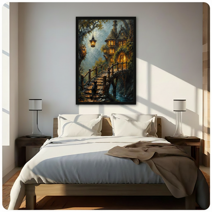 Fantasy Cat Enchanted Cottage Canvas Wall Art