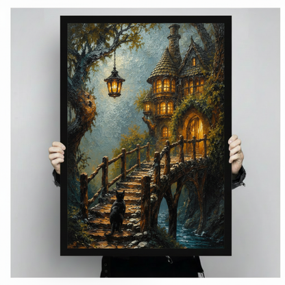 Fantasy Cat Enchanted Cottage Canvas Wall Art