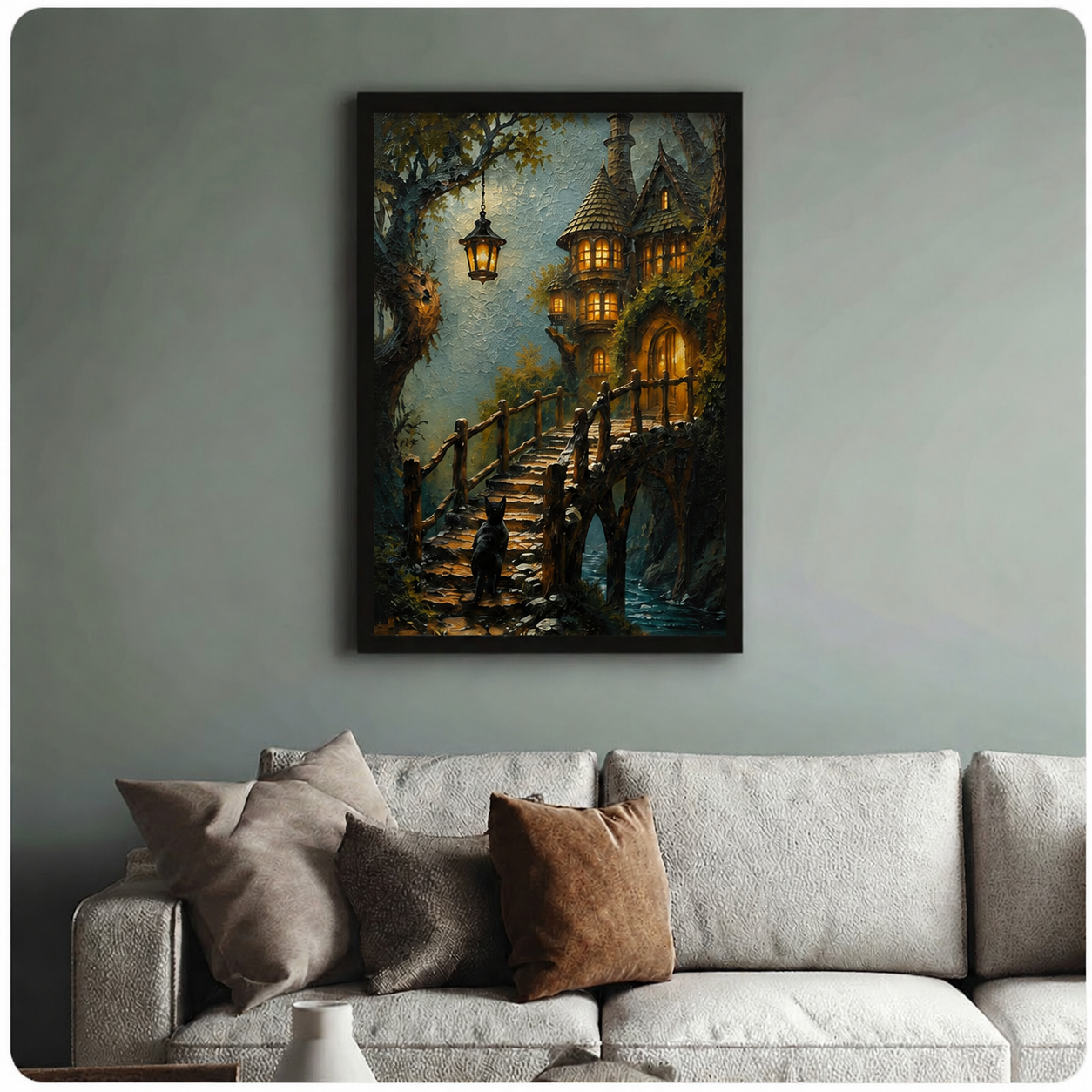 Fantasy Cat Enchanted Cottage Canvas Wall Art