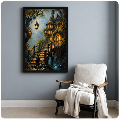 Fantasy Cat Enchanted Cottage Canvas Wall Art
