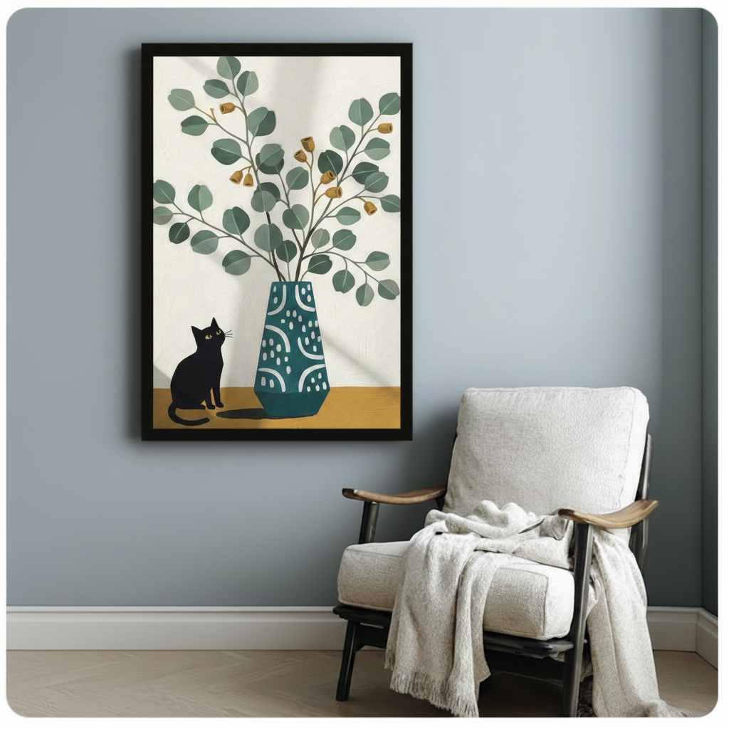 Black Cat Eucalyptus Vase Minimalist Canvas Art