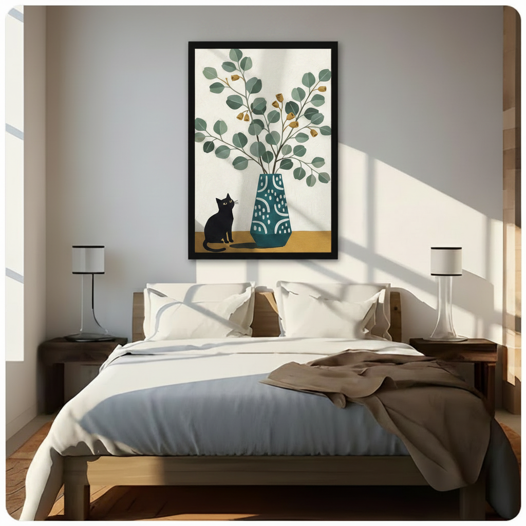 Black Cat Eucalyptus Vase Minimalist Canvas Art