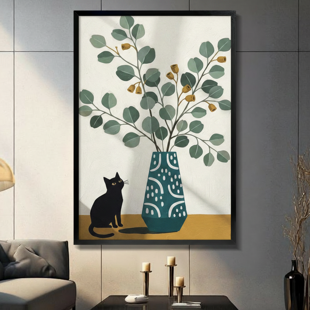 Black Cat Eucalyptus Vase Minimalist Canvas Art