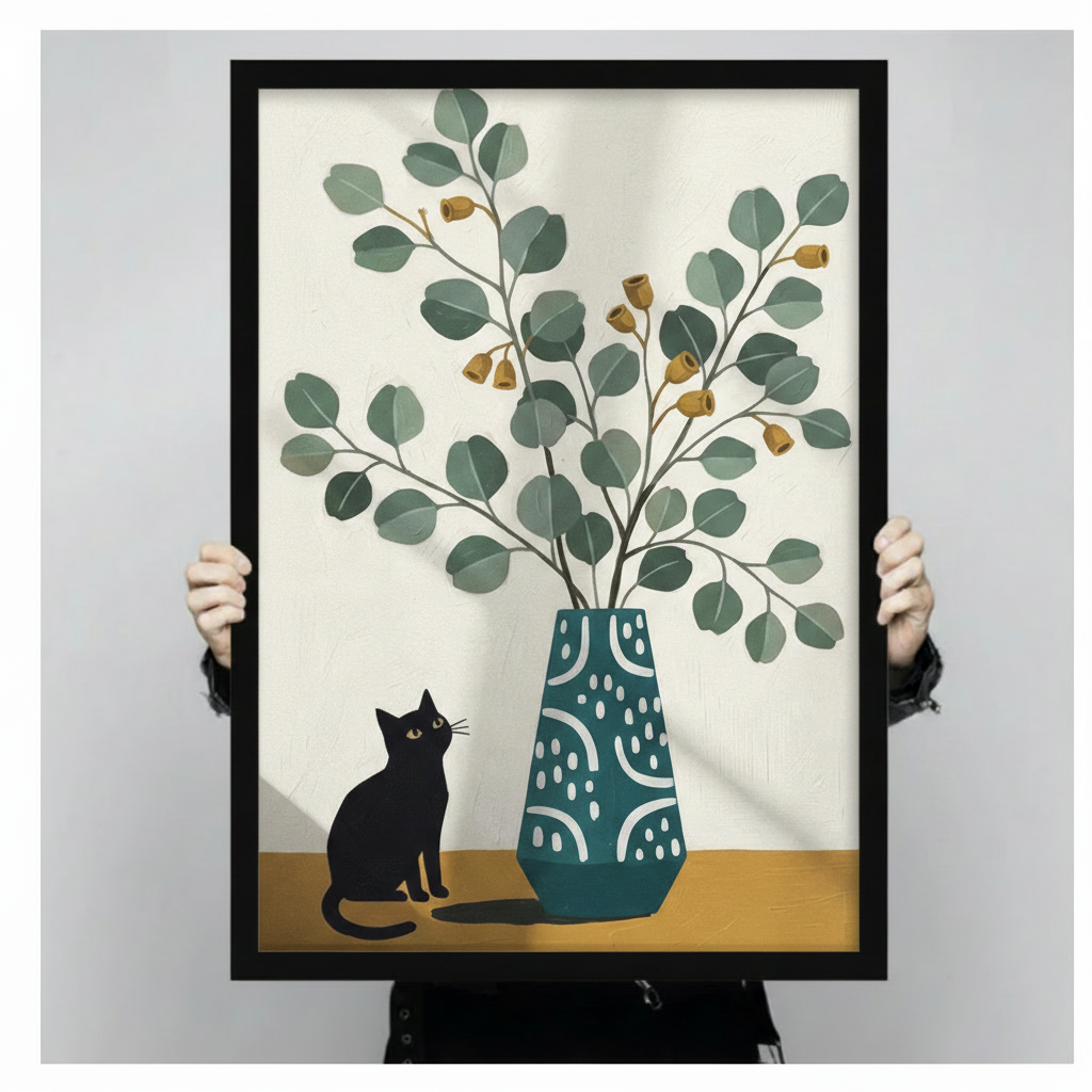 Black Cat Eucalyptus Vase Minimalist Canvas Art