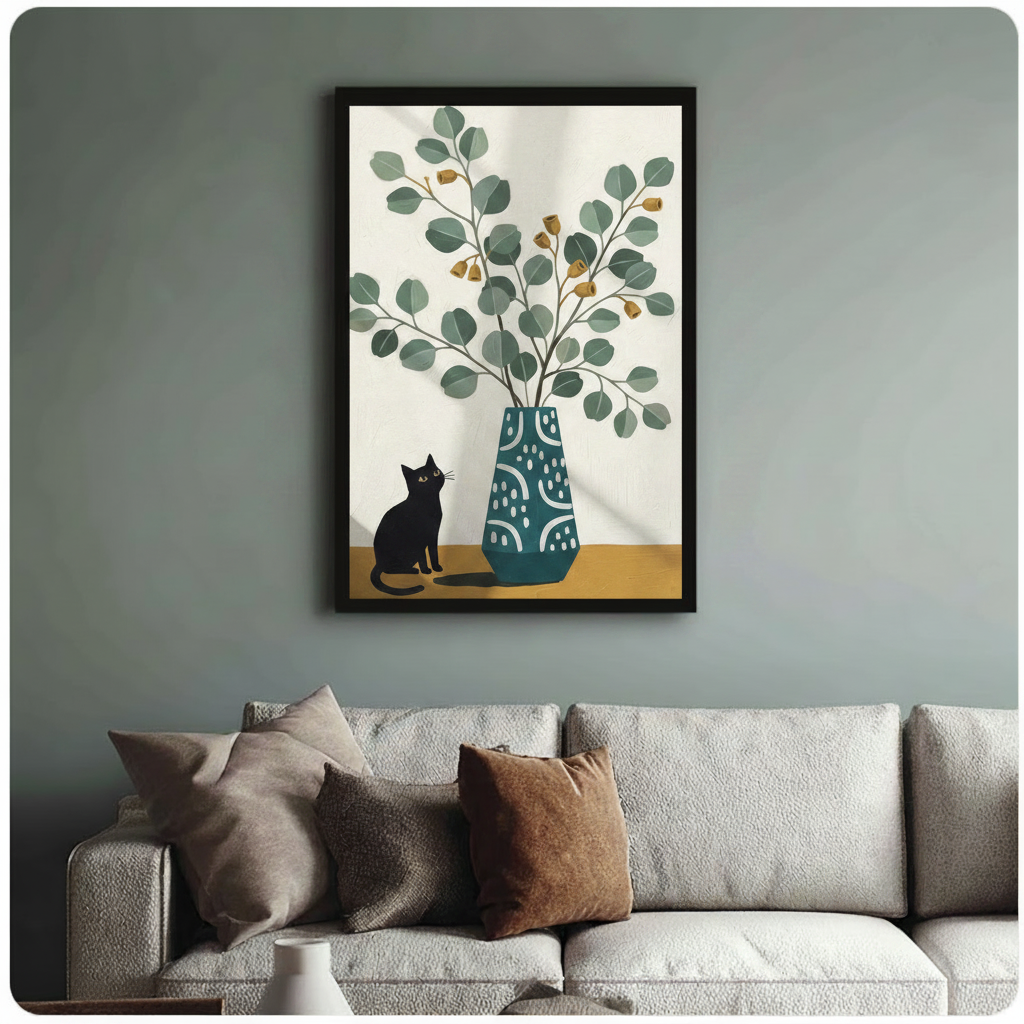 Black Cat Eucalyptus Vase Minimalist Canvas Art