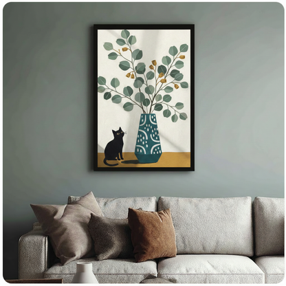 Black Cat Eucalyptus Vase Minimalist Canvas Art