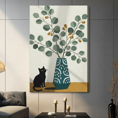 Black Cat Eucalyptus Vase Minimalist Canvas Art