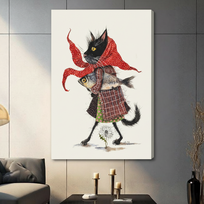 Black Cat with Fish Red Scarf Watercolor Canvas Art