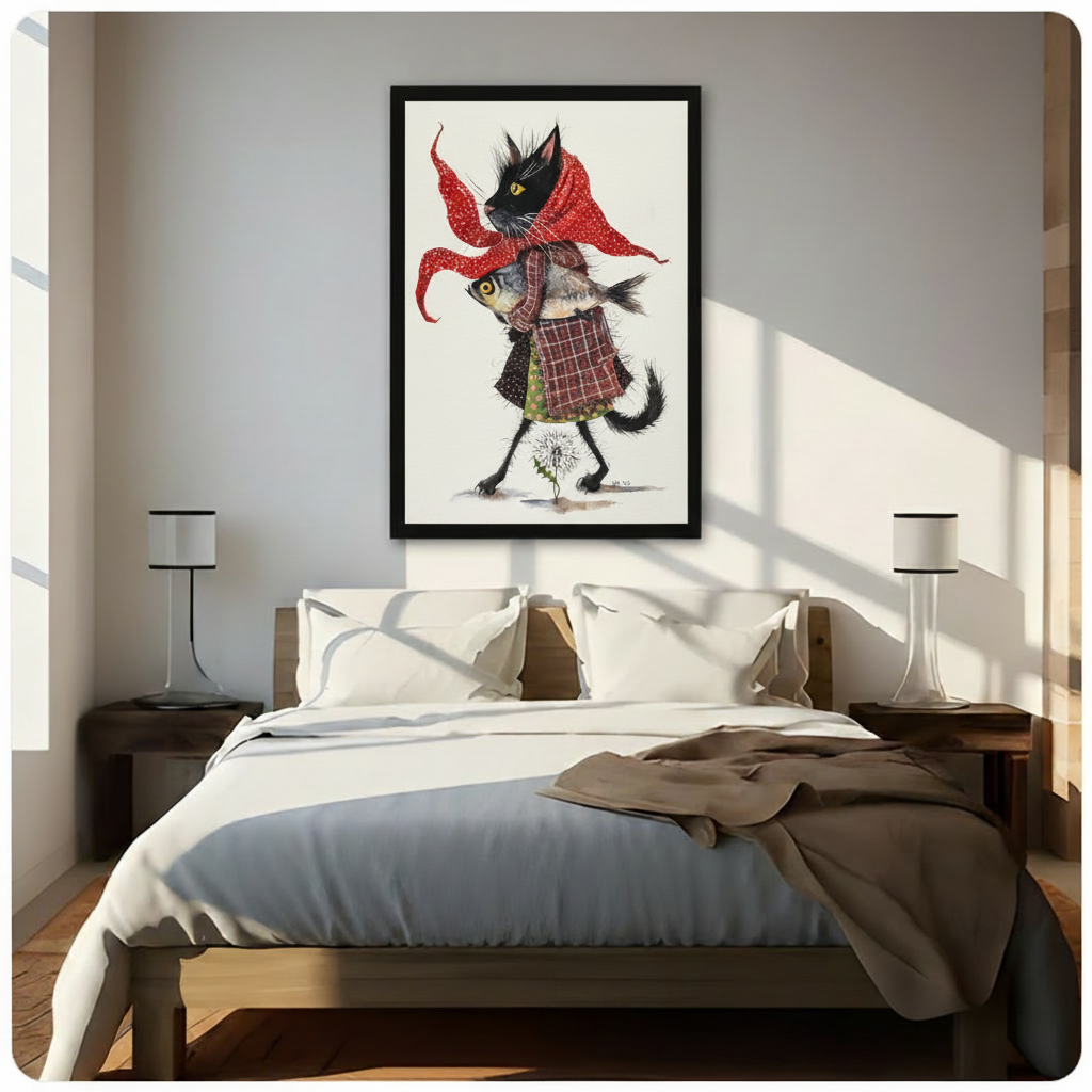 Black Cat with Fish Red Scarf Watercolor Canvas Art