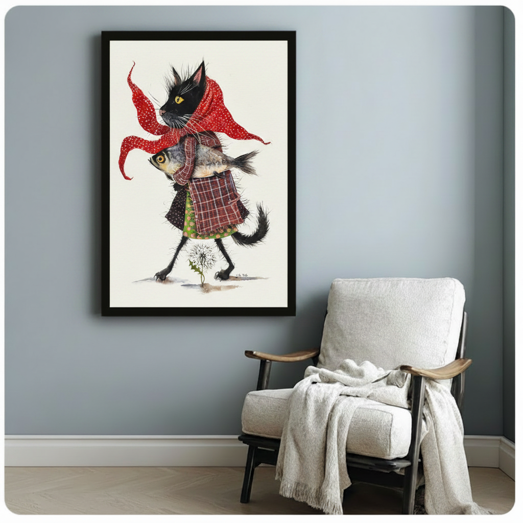 Black Cat with Fish Red Scarf Watercolor Canvas Art