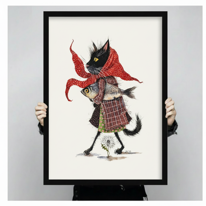 Black Cat with Fish Red Scarf Watercolor Canvas Art