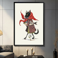 Black Cat with Fish Red Scarf Watercolor Canvas Art