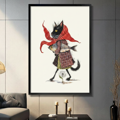 Black Cat with Fish Red Scarf Watercolor Canvas Art
