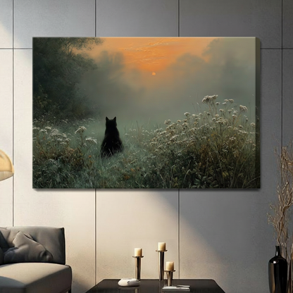 Black Cat Sunrise Misty Meadow Framed Print Canvas Wall Art