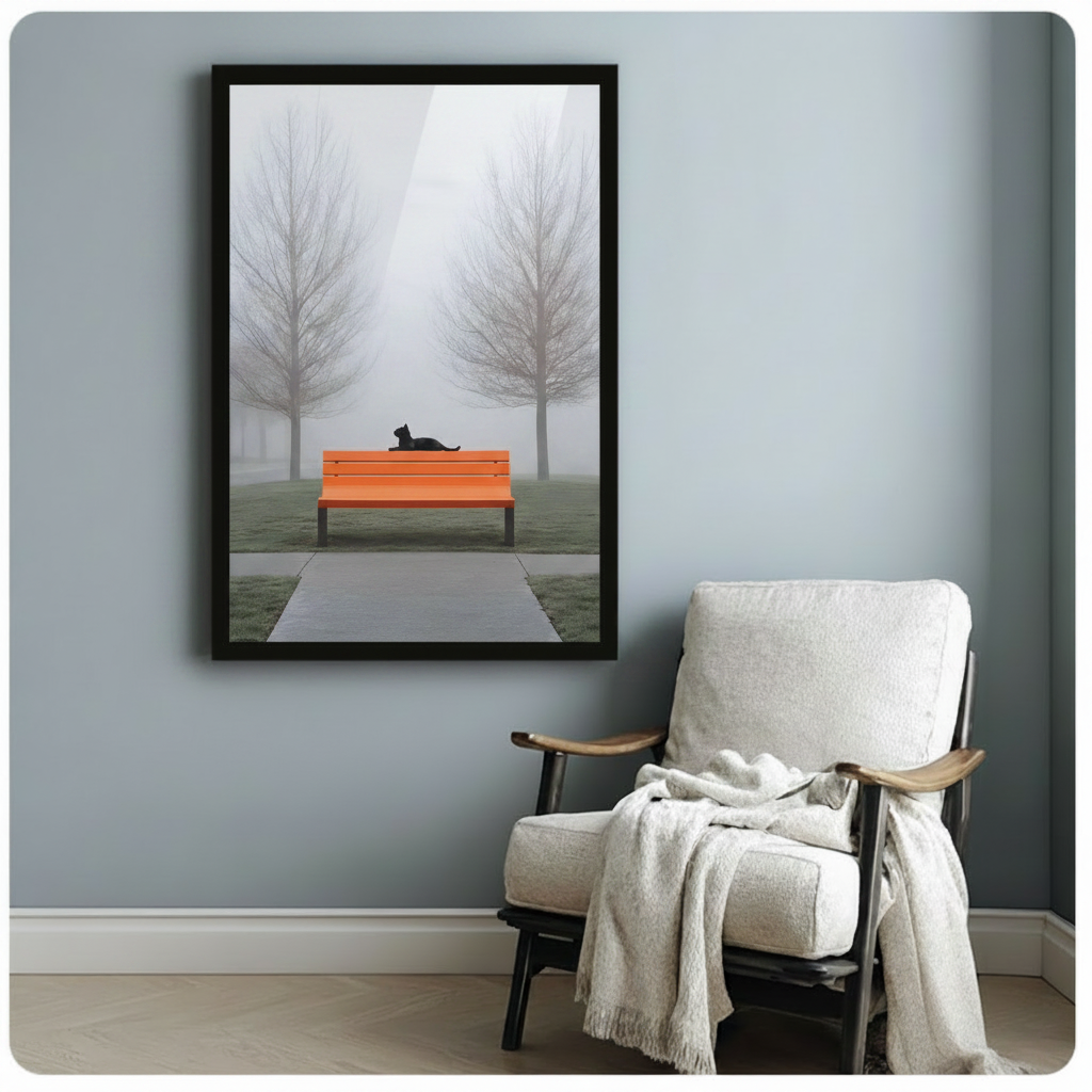 Minimalist Black Cat Foggy Park Canvas Art Wall Art