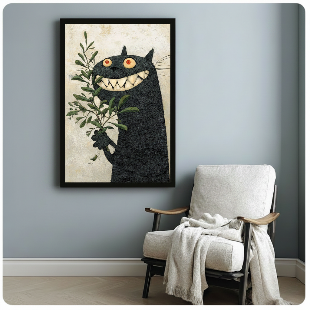 Gothic Black Cat Botanical Framed Canvas Art Wall Art