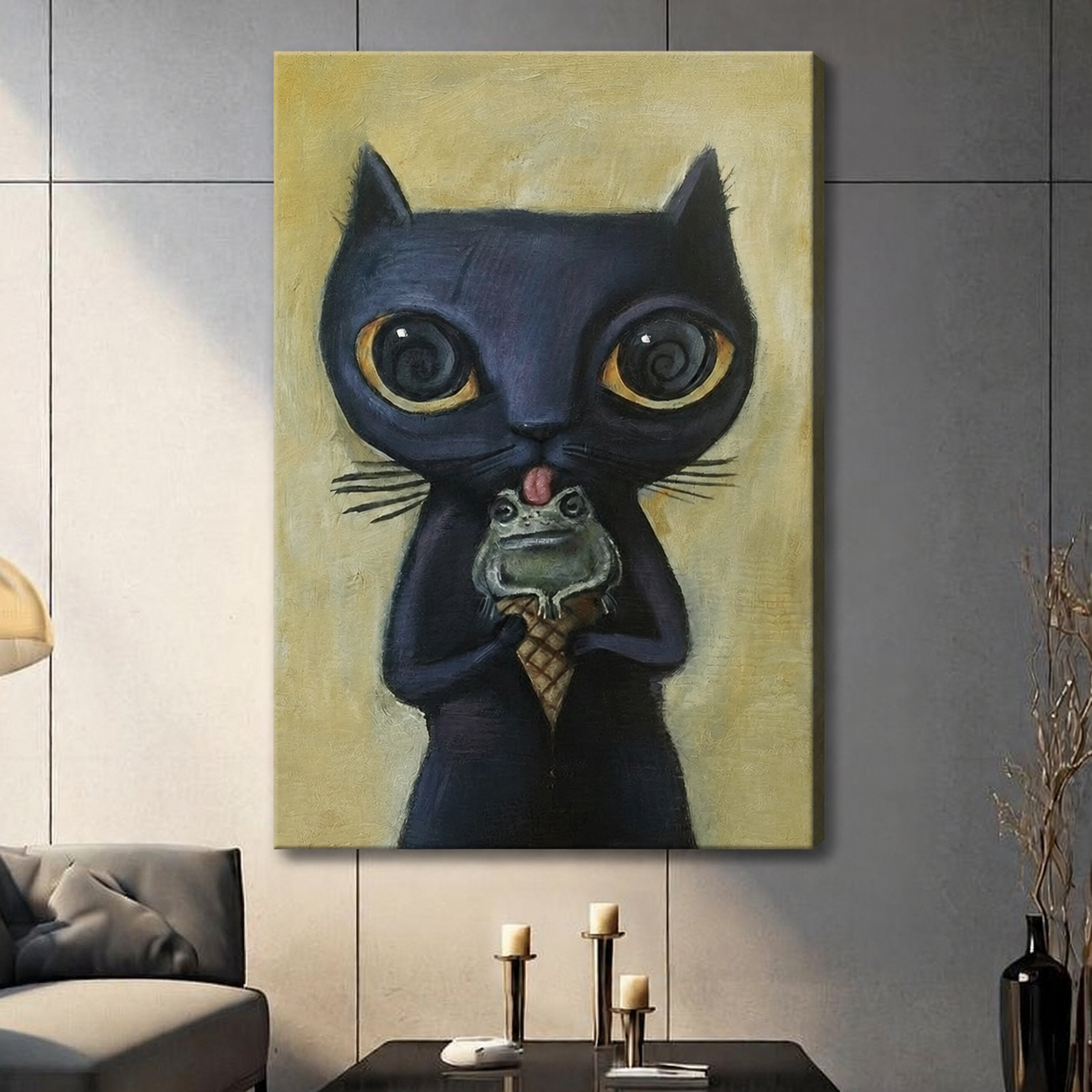 Dark Cat Surreal Frog Ice Cream Canvas Art Wall Art