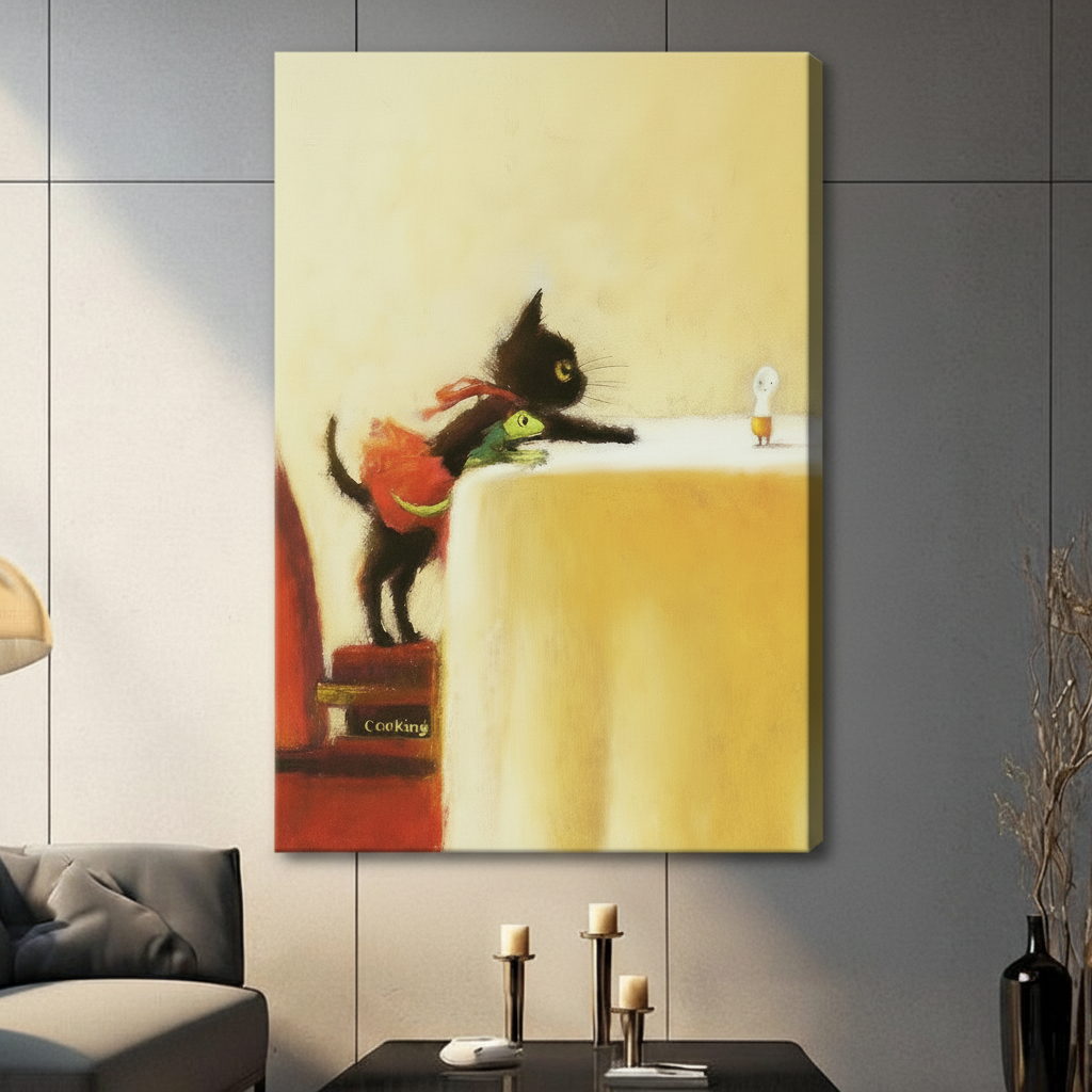Whimsical Black Cat Storybook Canvas Wall Art