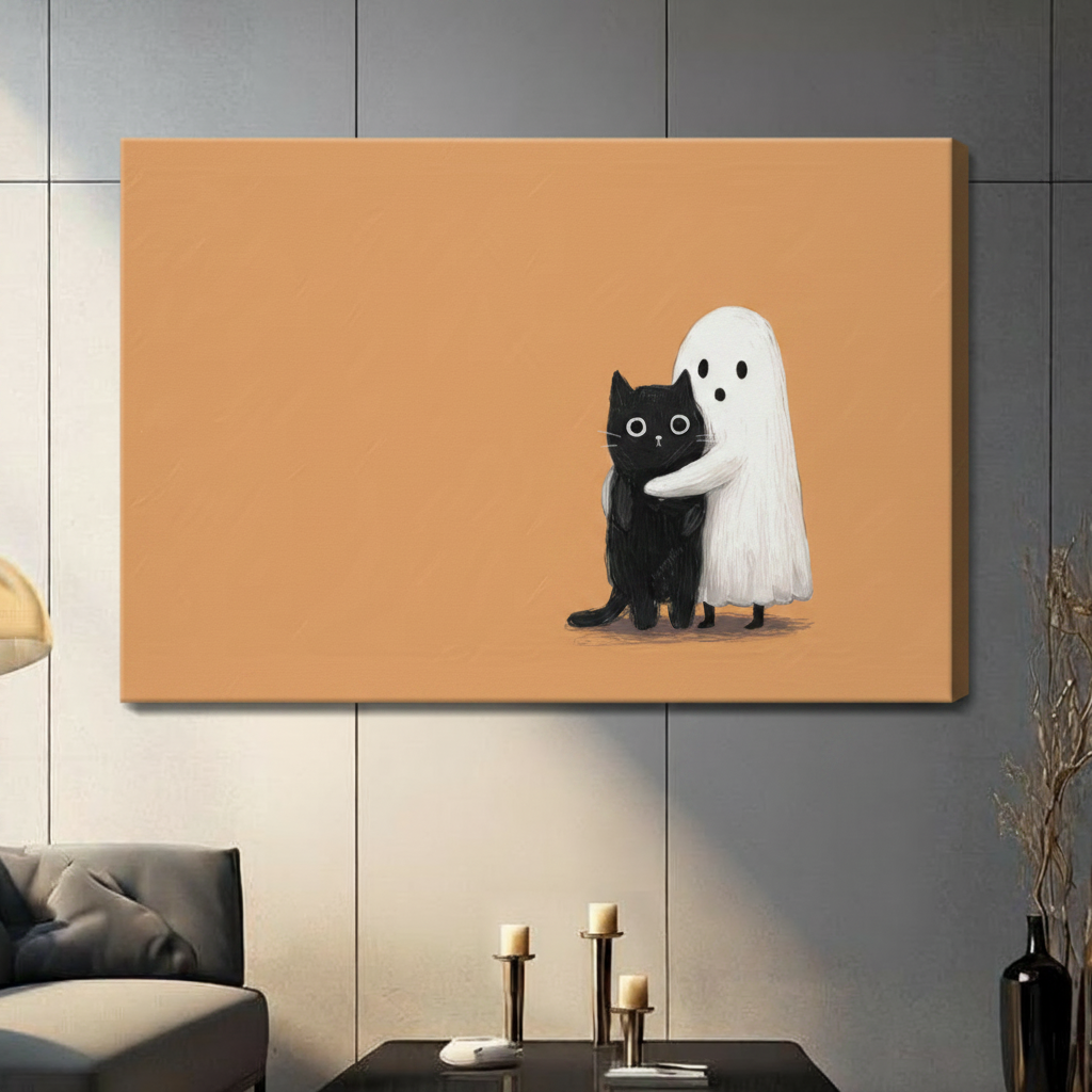 Ghost Hugging Black Cat Canvas Wall Art