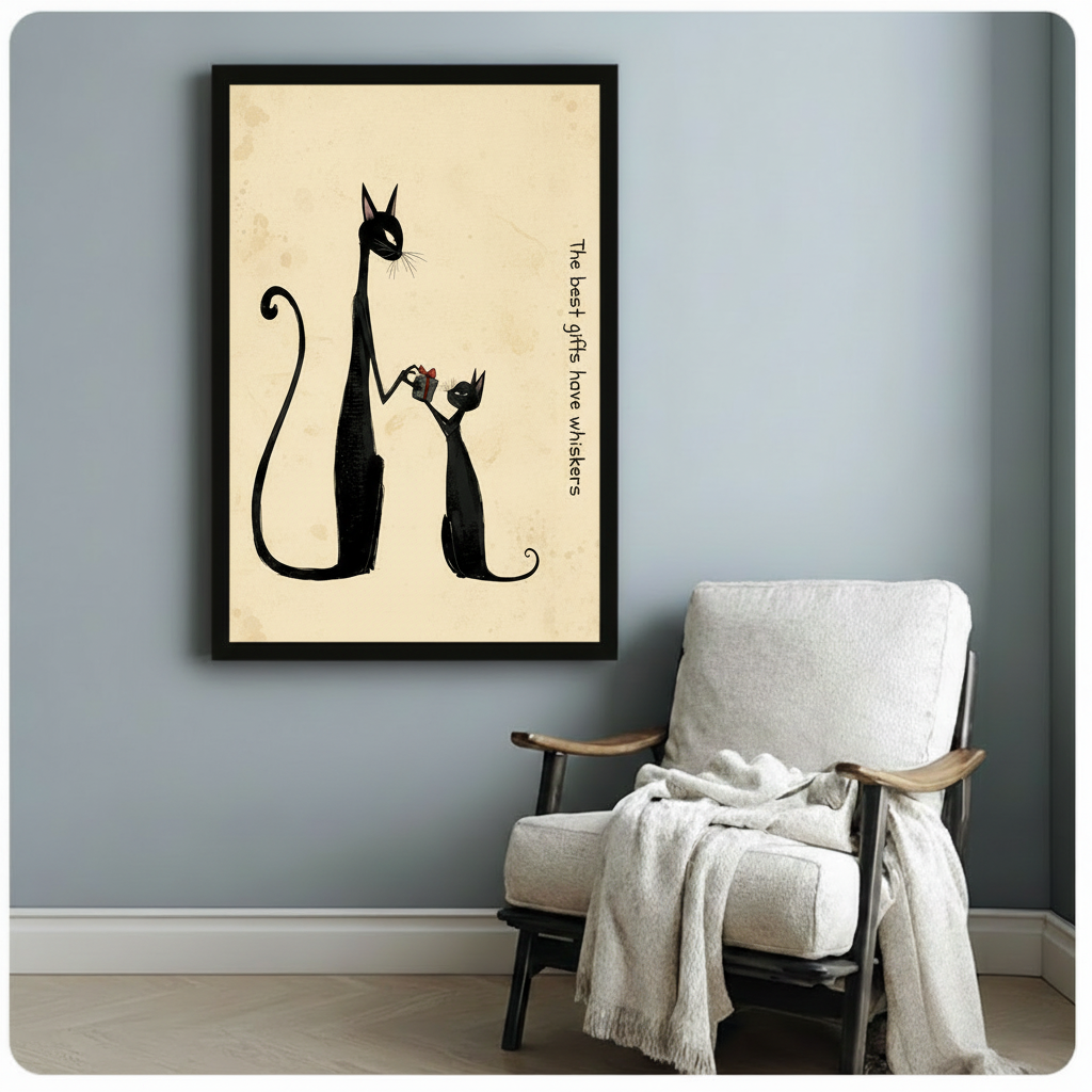 Retro Black Cat Gift Framed Canvas Wall Art