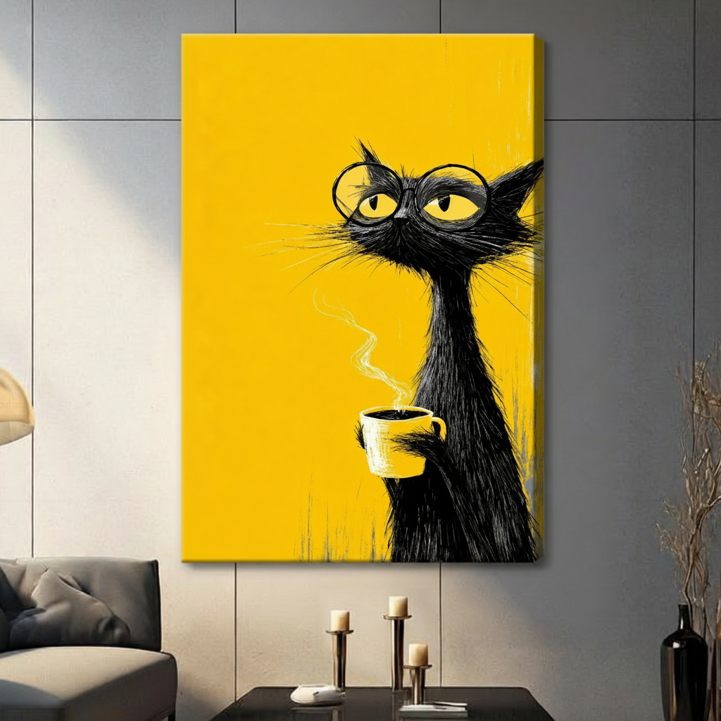 Intellectual Black Cat Coffee Canvas Wall Art