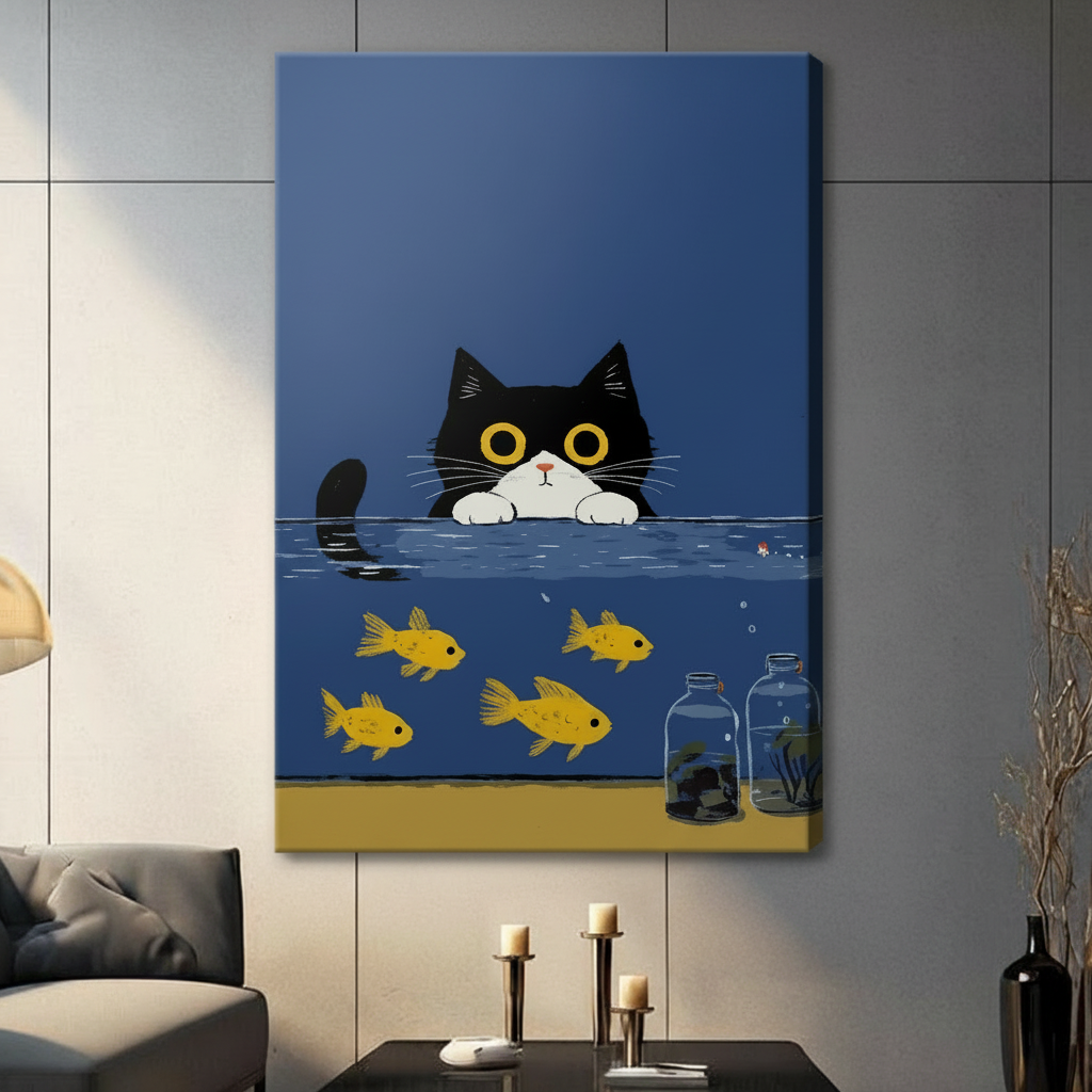 Tuxedo Cat Goldfish Tank Funny Canvas Wall Art