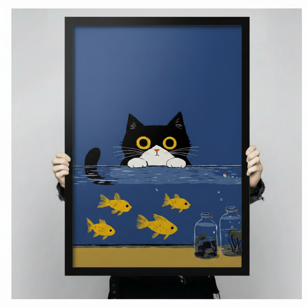 Tuxedo Cat Goldfish Tank Funny Canvas Wall Art