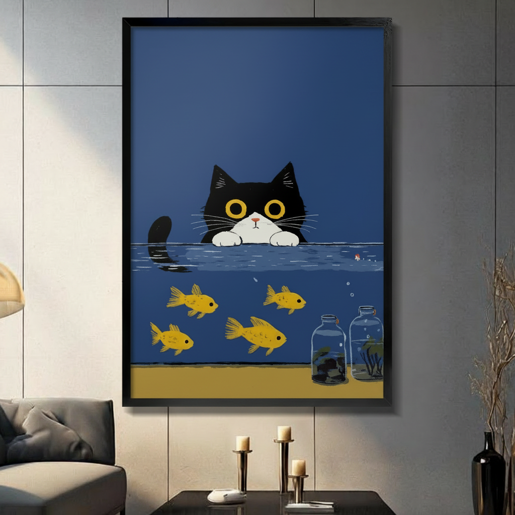 Tuxedo Cat Goldfish Tank Funny Canvas Wall Art