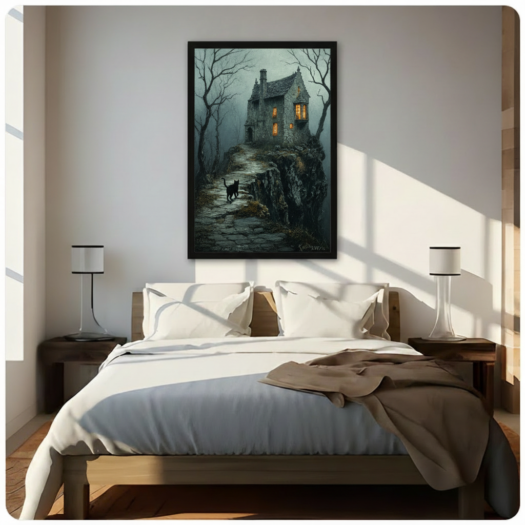Gothic Black Cat Haunted House Dark Fantasy Canvas