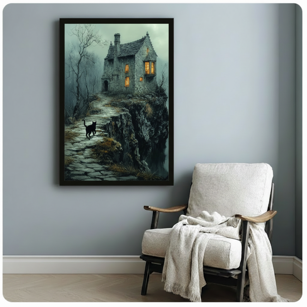 Gothic Black Cat Haunted House Dark Fantasy Canvas