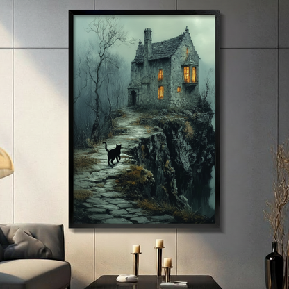 Gothic Black Cat Haunted House Dark Fantasy Canvas