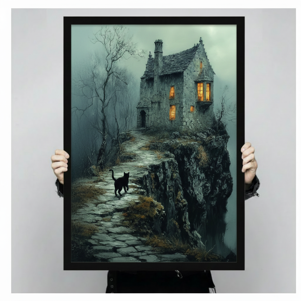 Gothic Black Cat Haunted House Dark Fantasy Canvas