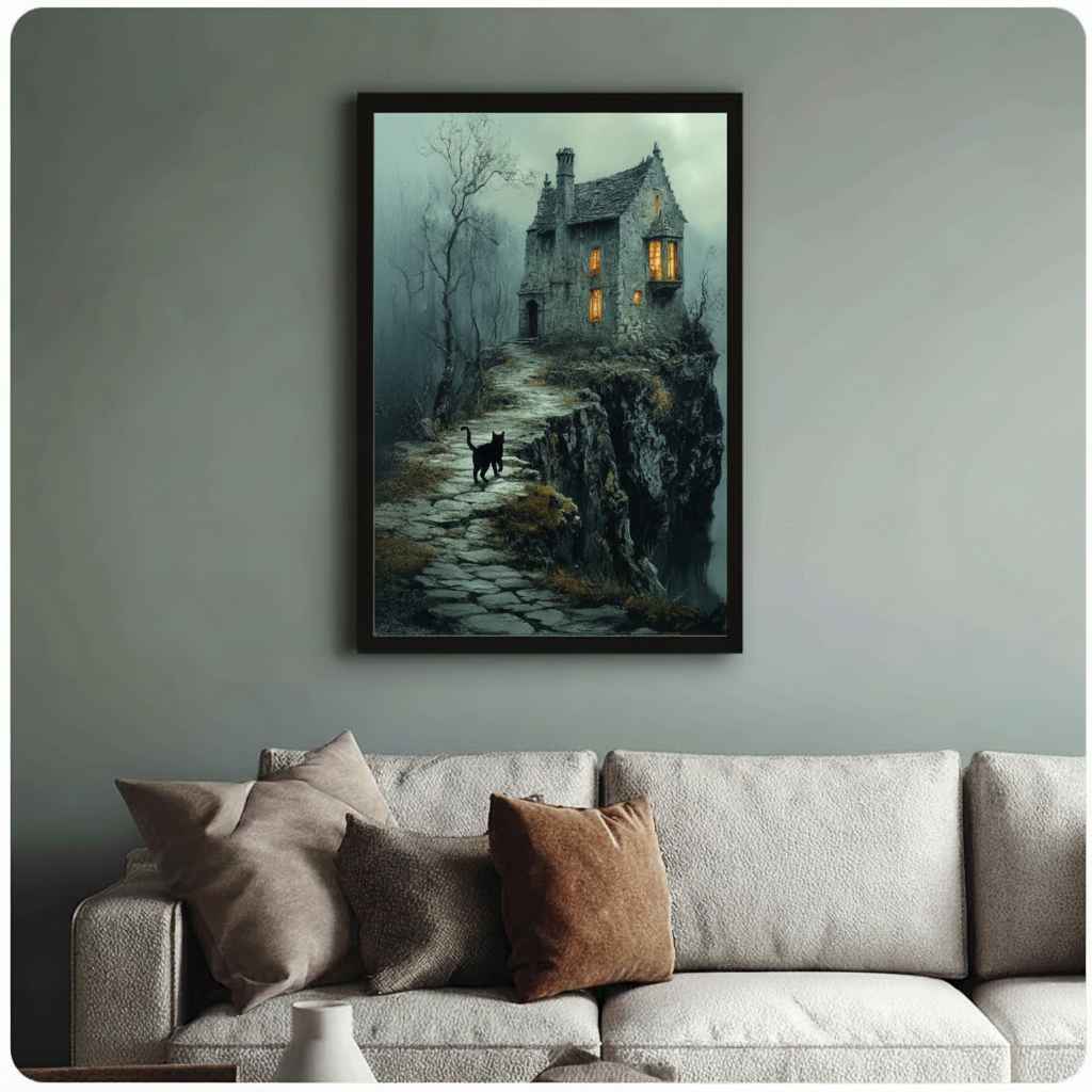 Gothic Black Cat Haunted House Dark Fantasy Canvas
