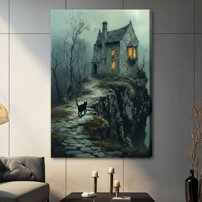 Gothic Black Cat Haunted House Dark Fantasy Canvas