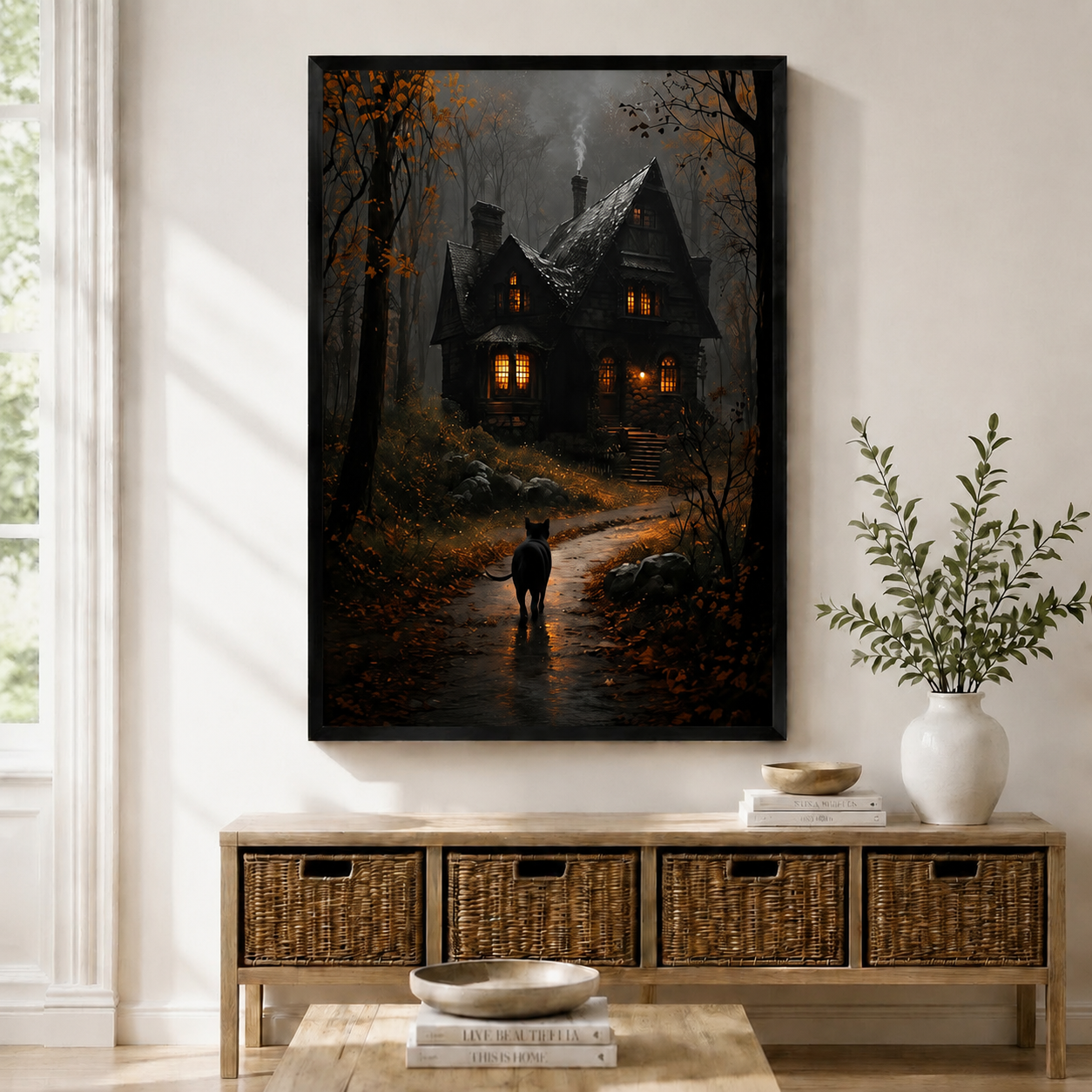 Gothic Black Cat Haunted House Canvas Wall Art