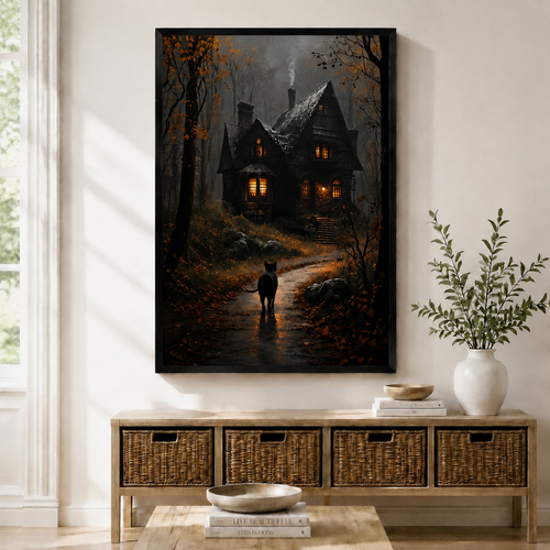 Gothic Black Cat Haunted House Canvas Wall Art