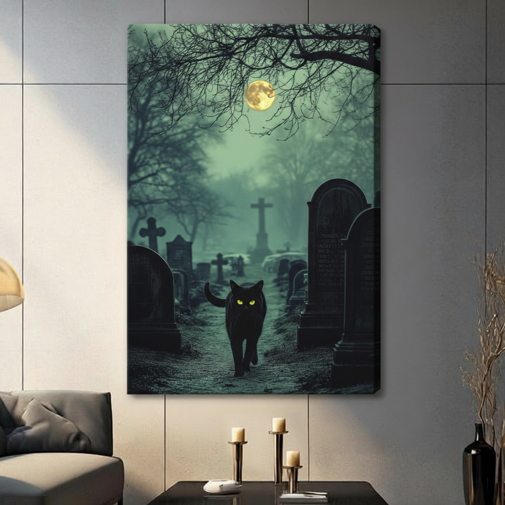 Black Cat Graveyard Full Moon Gothic Night Canvas Art