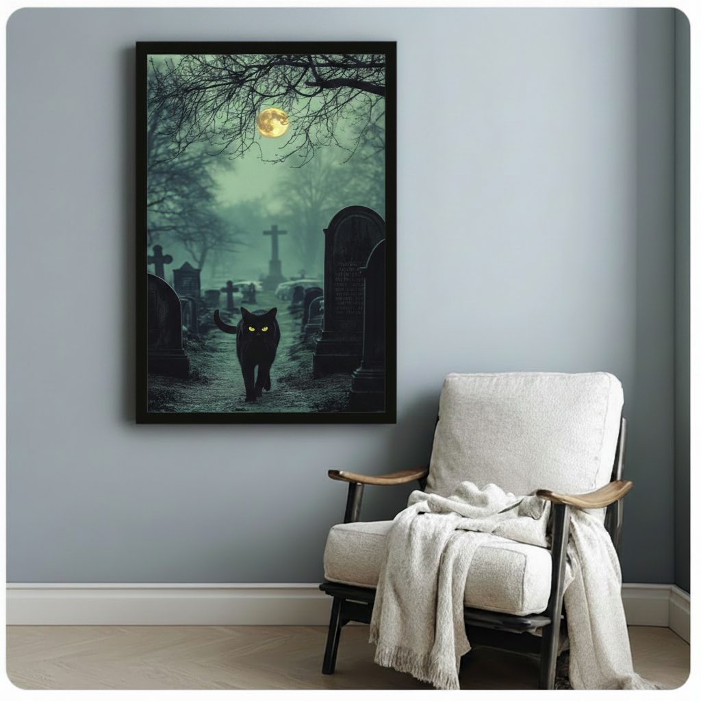 Black Cat Graveyard Full Moon Gothic Night Canvas Art
