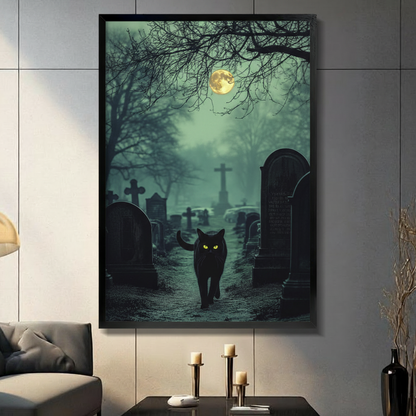 Black Cat Graveyard Full Moon Gothic Night Canvas Art