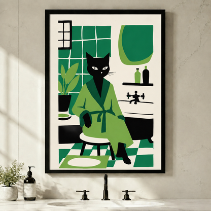 Black Cat Green Robe Retro Bathroom Canvas Wall Artv