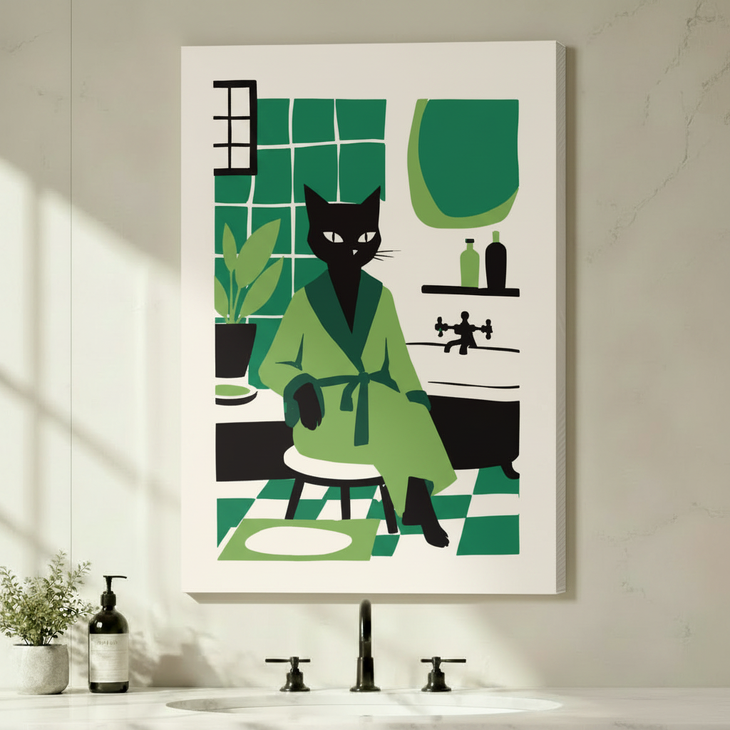 Black Cat Green Robe Retro Bathroom Canvas Wall Artv
