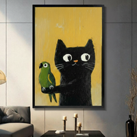 Black Cat & Parrot Whimsical Canvas Wall Art
