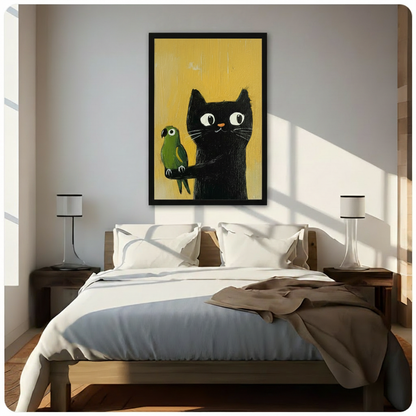 Black Cat & Parrot Whimsical Canvas Wall Art