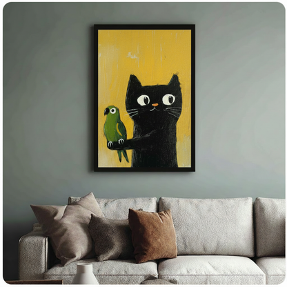 Black Cat & Parrot Whimsical Canvas Wall Art