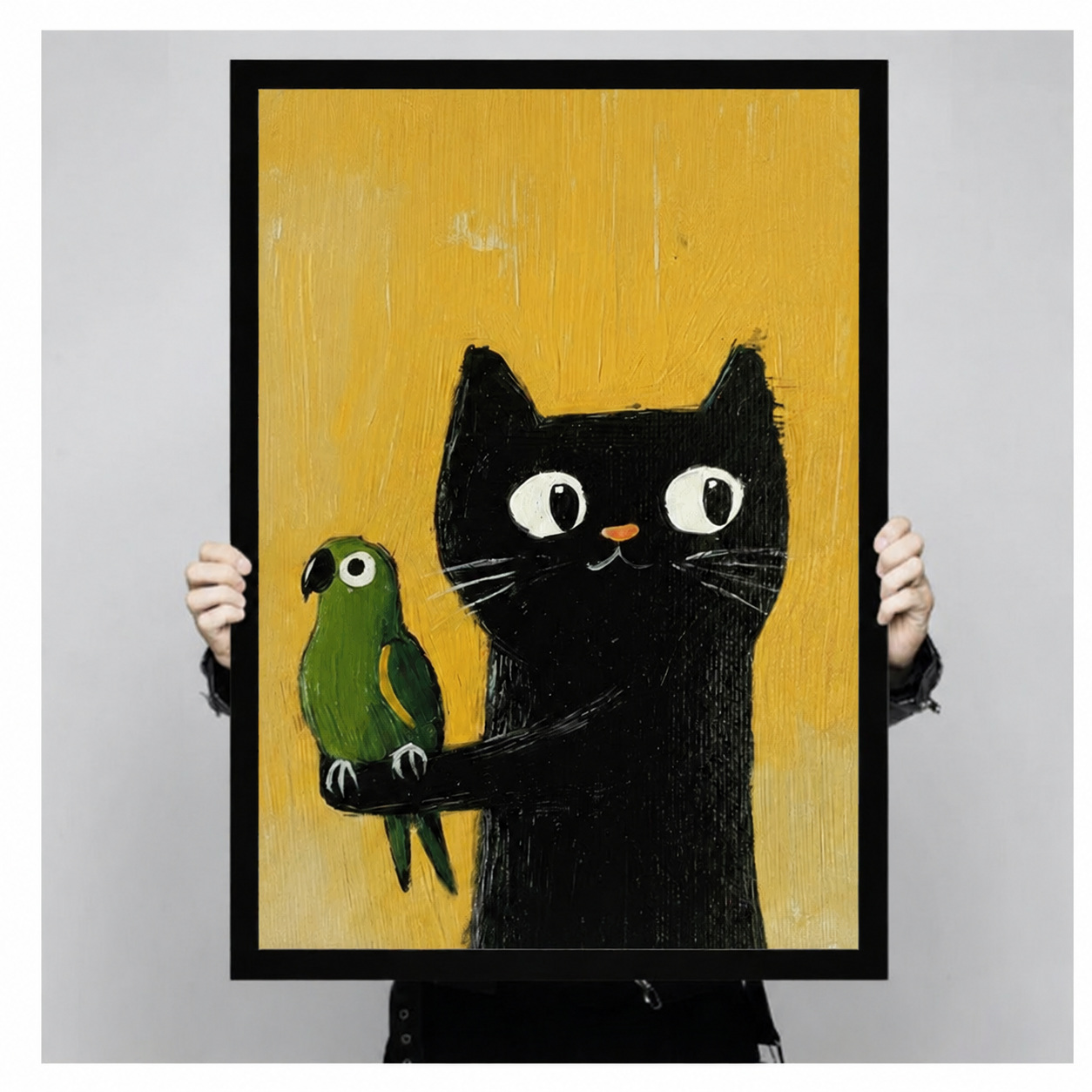 Black Cat & Parrot Whimsical Canvas Wall Art
