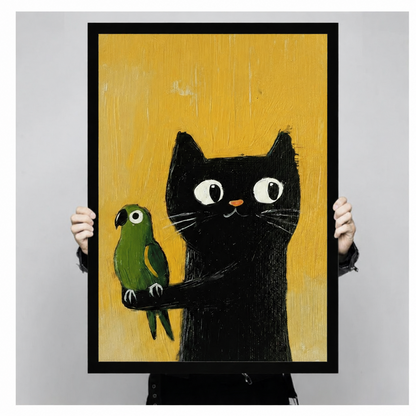 Black Cat & Parrot Whimsical Canvas Wall Art