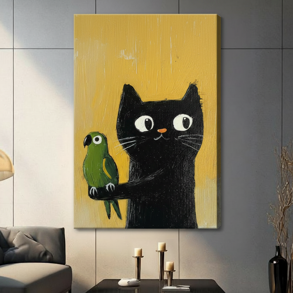 Black Cat & Parrot Whimsical Canvas Wall Art