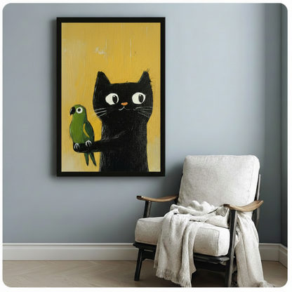 Black Cat & Parrot Whimsical Canvas Wall Art