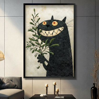 Gothic Black Cat Botanical Framed Canvas Art Wall Art