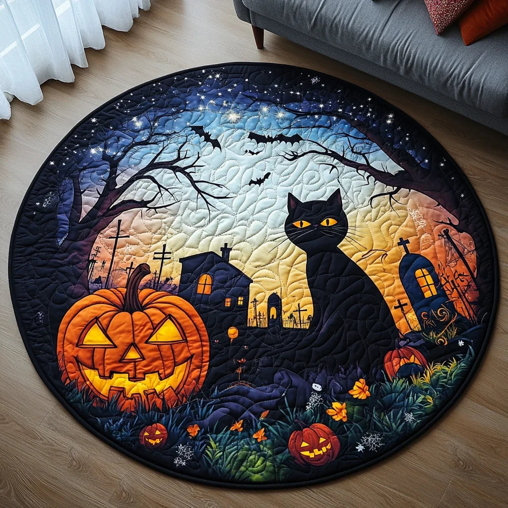 Black Cat Halloween Quilted Round Mat